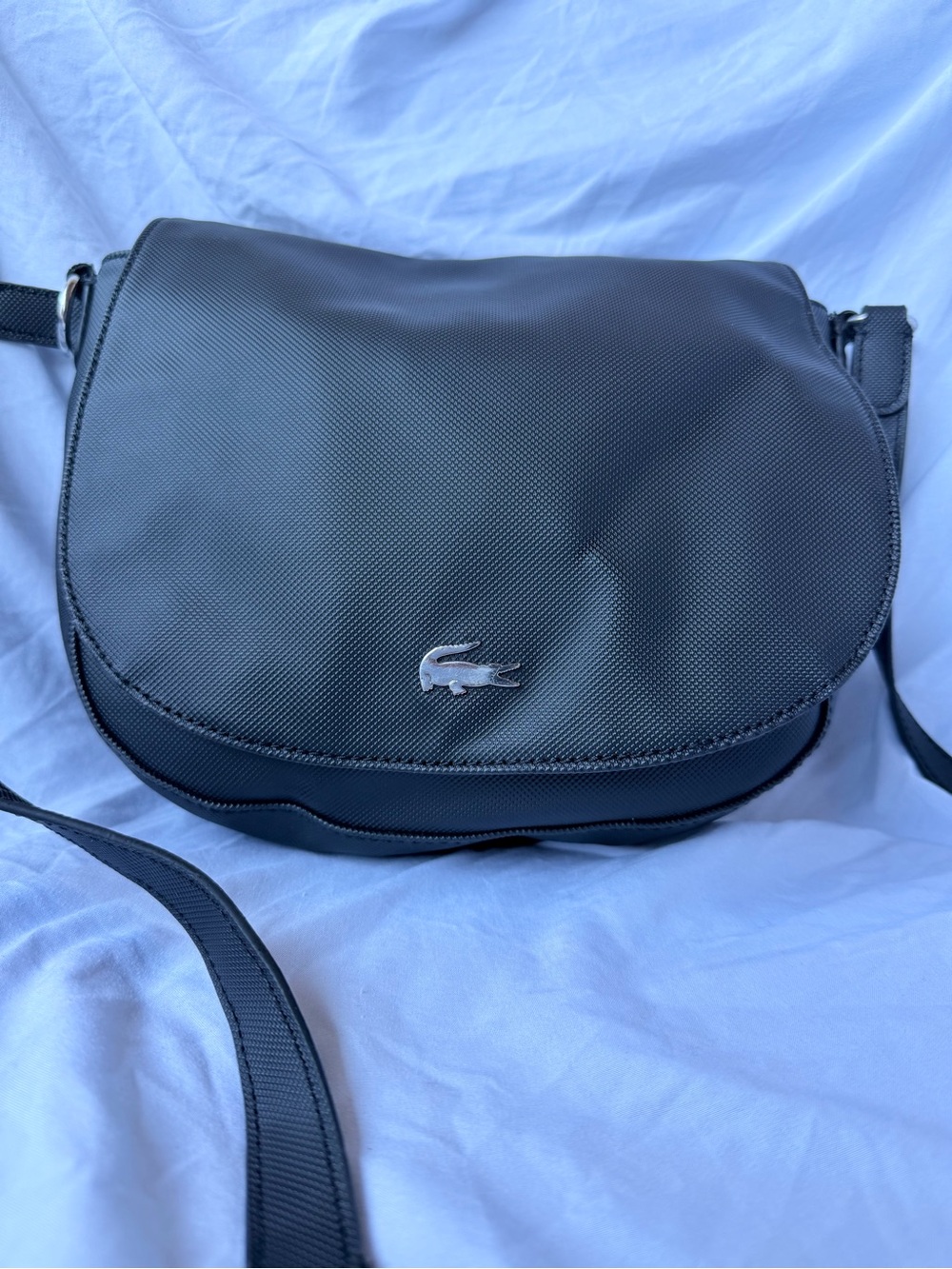 Lacoste Black Crossbody Saddle Bag with Silver Crocodile Emblem